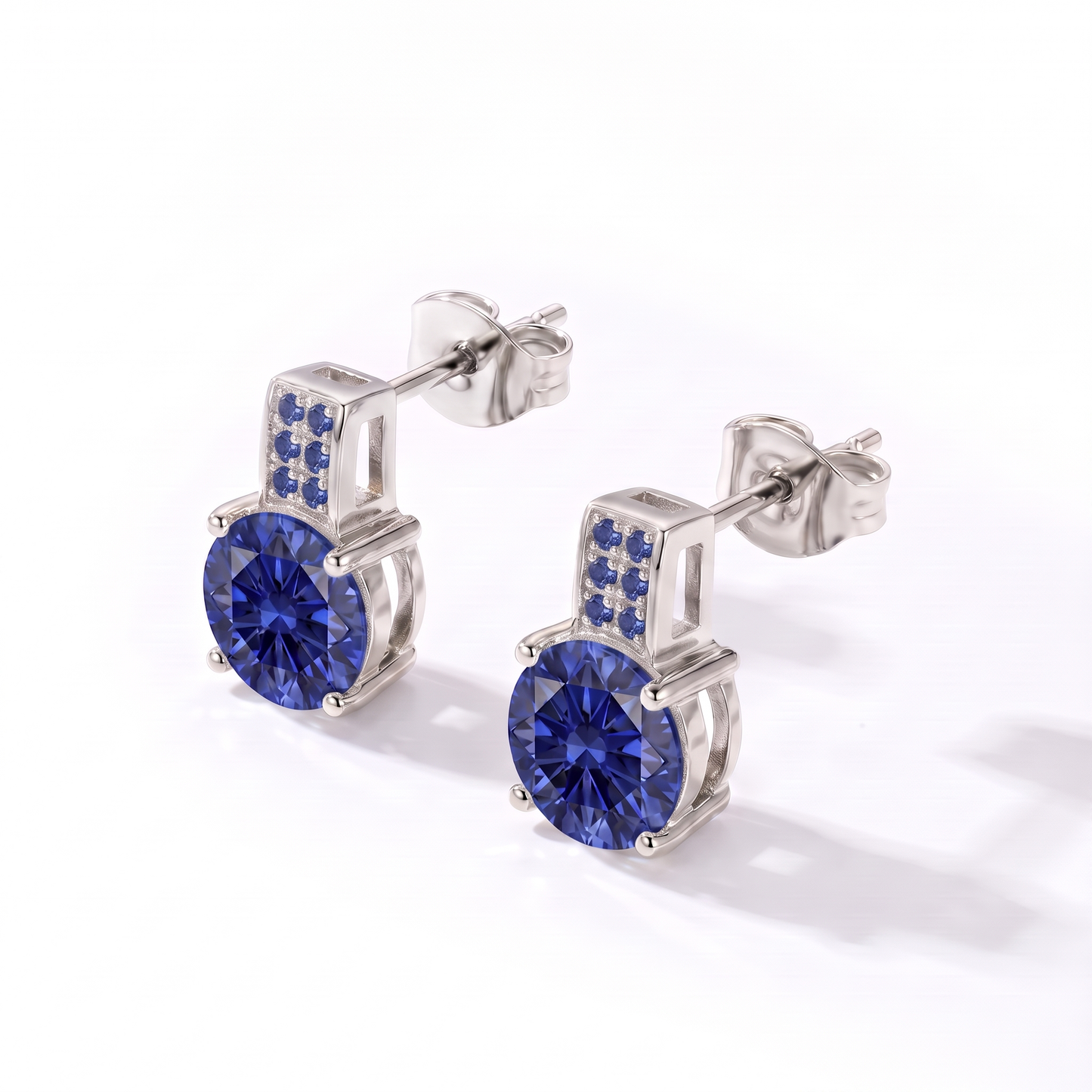 Luxe Round Stone Earrings - Silver Sapphire Blue