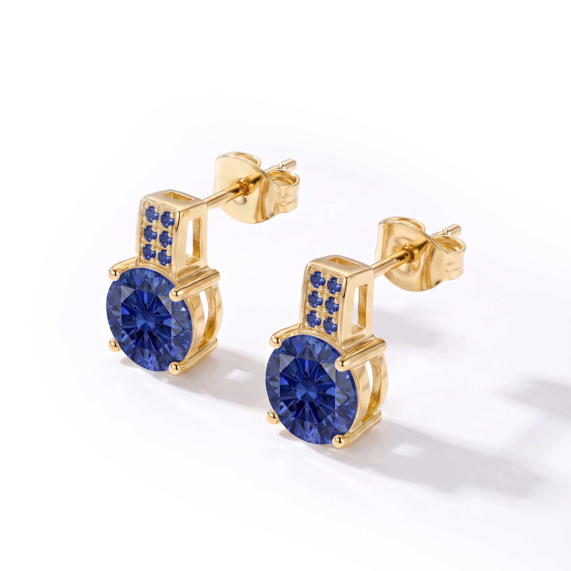 Luxe Round Stone Earrings - Gold Sapphire Blue