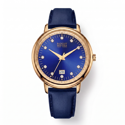 Luxe Modern Heirloom Watch Collection - Gold Sapphire Blue Faux Leather Strap