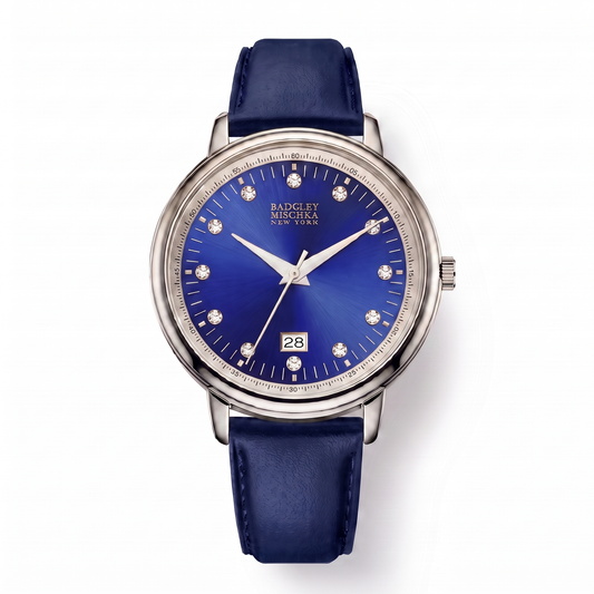 Luxe Modern Heirloom Watch Collection - Silver Sapphire Blue Faux Leather Strap