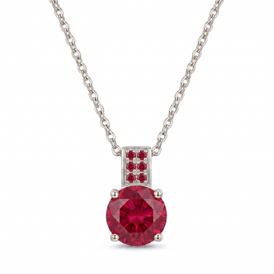 Luxe Round Stone Necklace - Silver Ruby