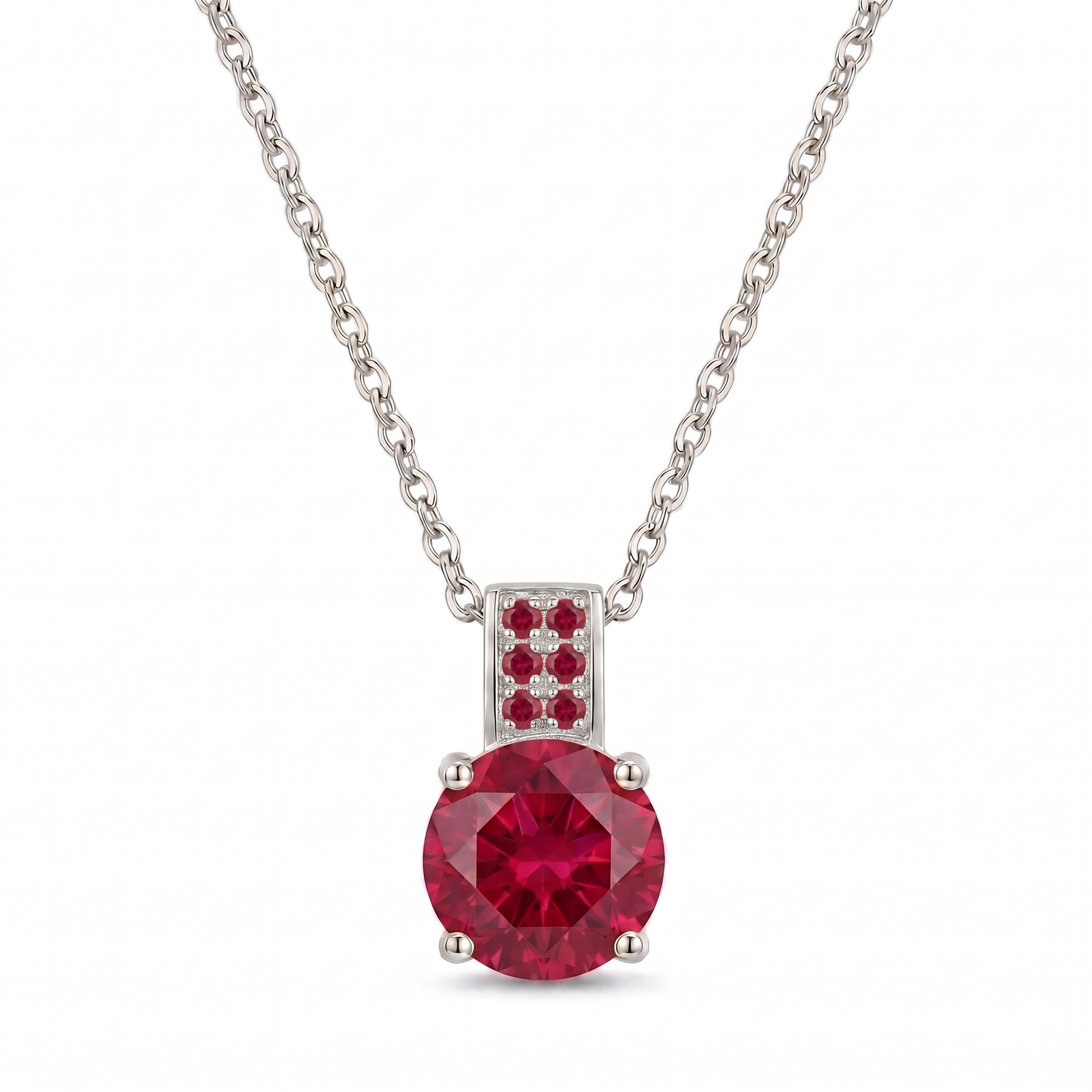 Luxe Round Stone Necklace - Silver Ruby