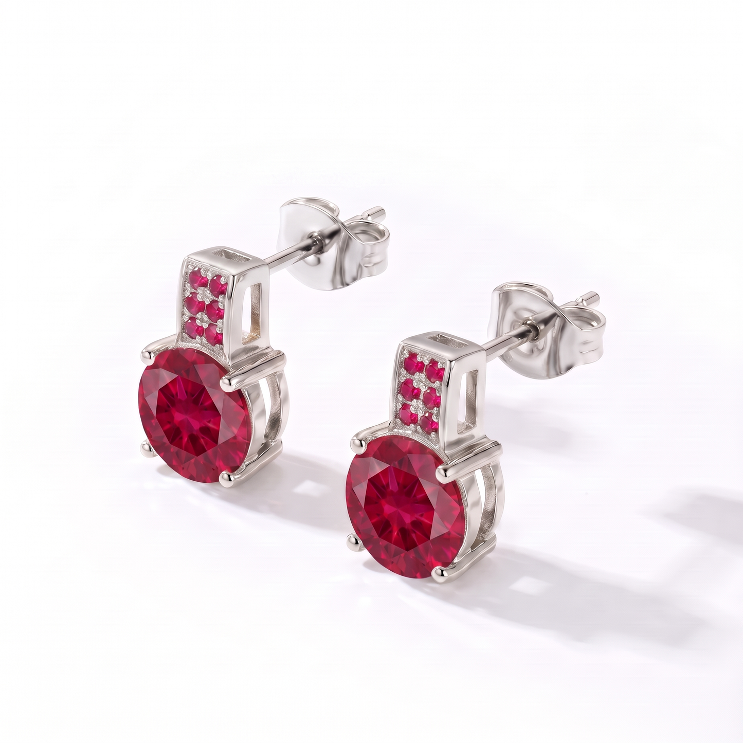 Luxe Round Stone Earrings - Silver Ruby