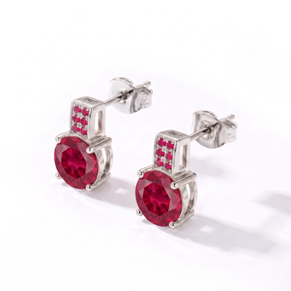 Luxe Round Stone Earrings - Silver Ruby