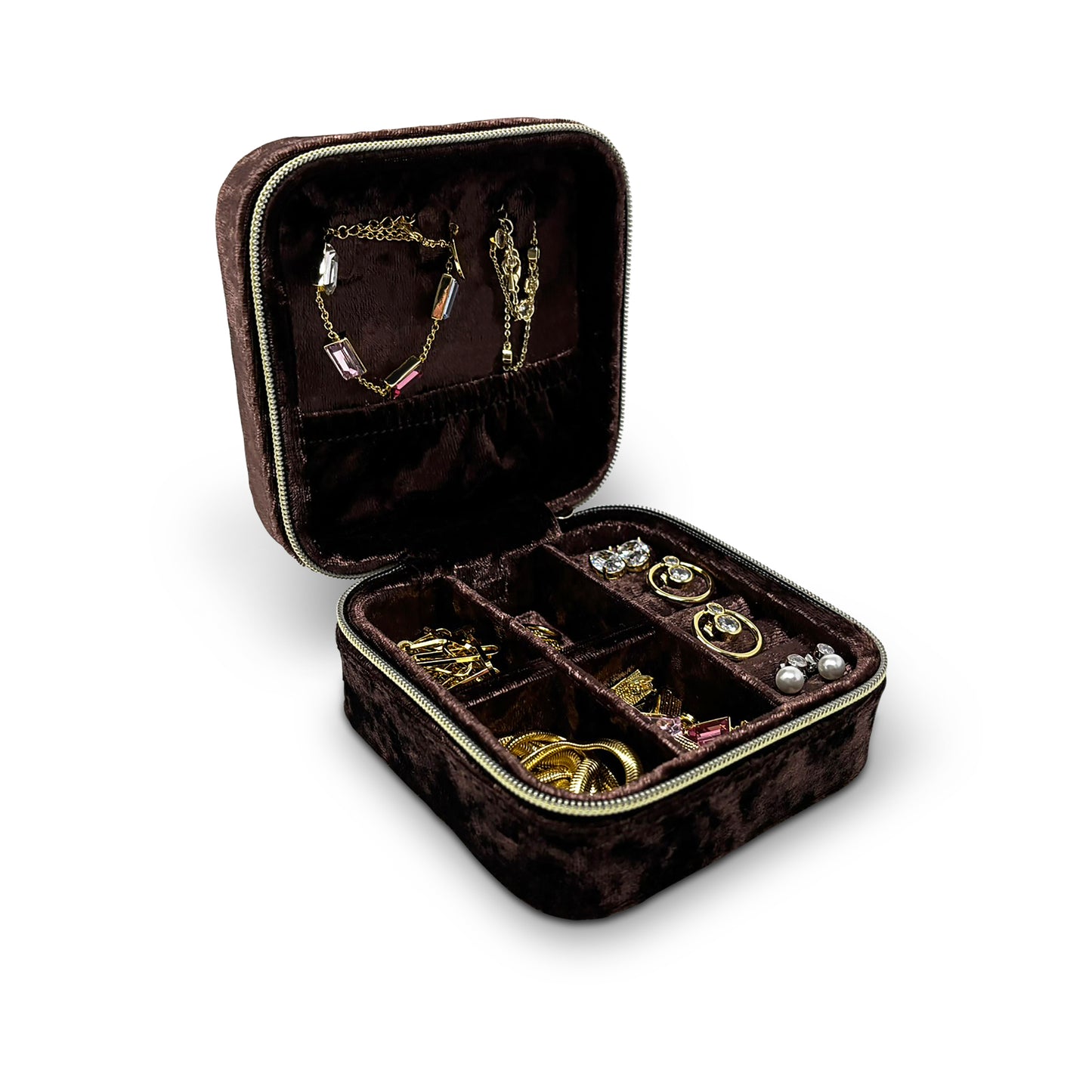 Nova Crushed Velvet Square Jewelry Case with Zipper Closure