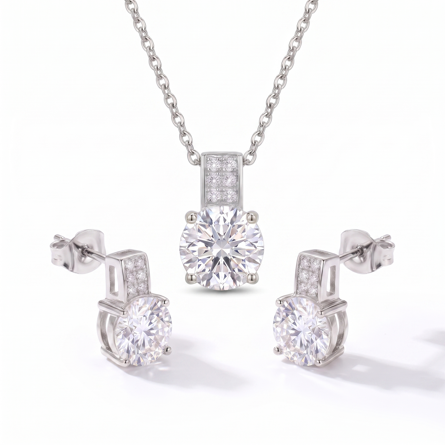 Luxe Round Stone Necklace & Earrings Set - Silver Clear Crystal