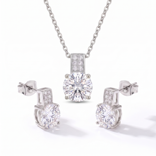 Luxe Round Stone Necklace & Earrings Set - Silver Clear Crystal