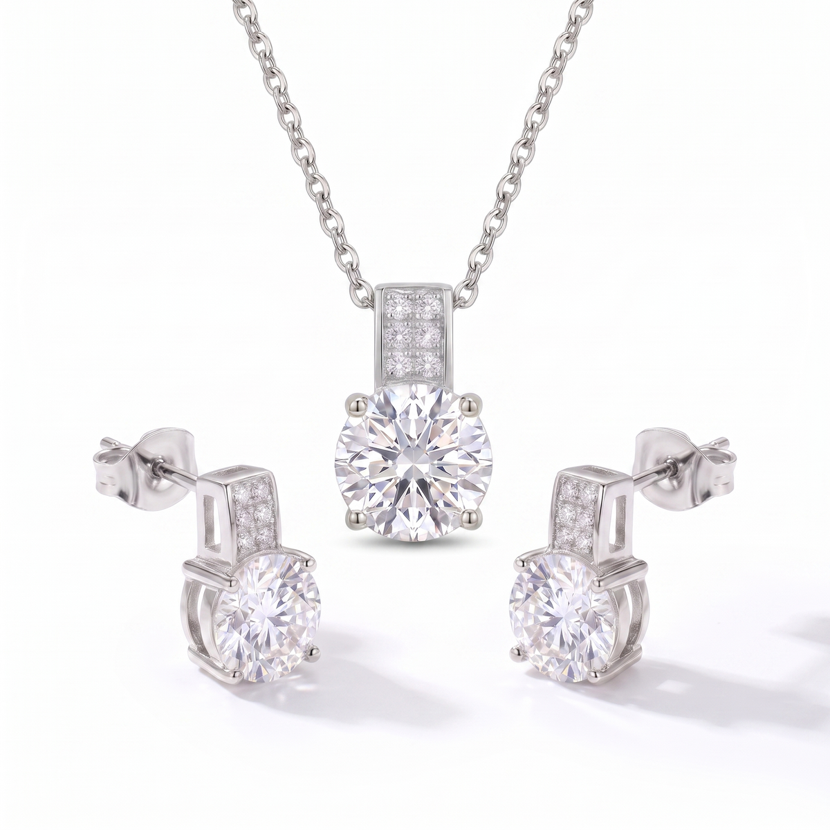 Luxe Round Stone Necklace & Earrings Set - Silver Clear Crystal