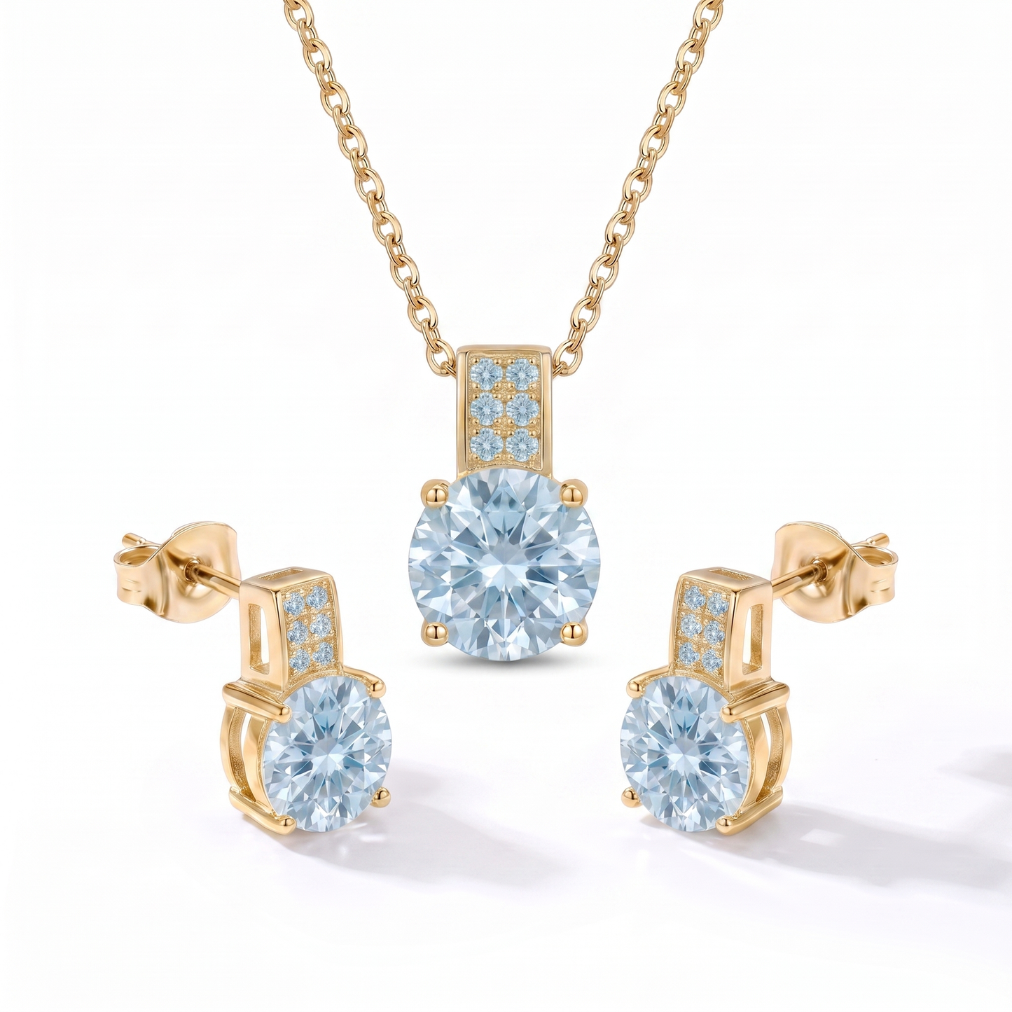Luxe Round Stone Necklace & Earrings Set - Gold Aquamarine
