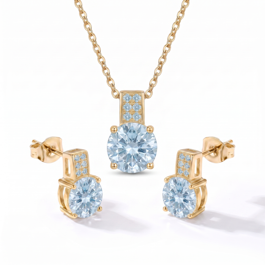 Luxe Round Stone Necklace & Earrings Set - Gold Aquamarine