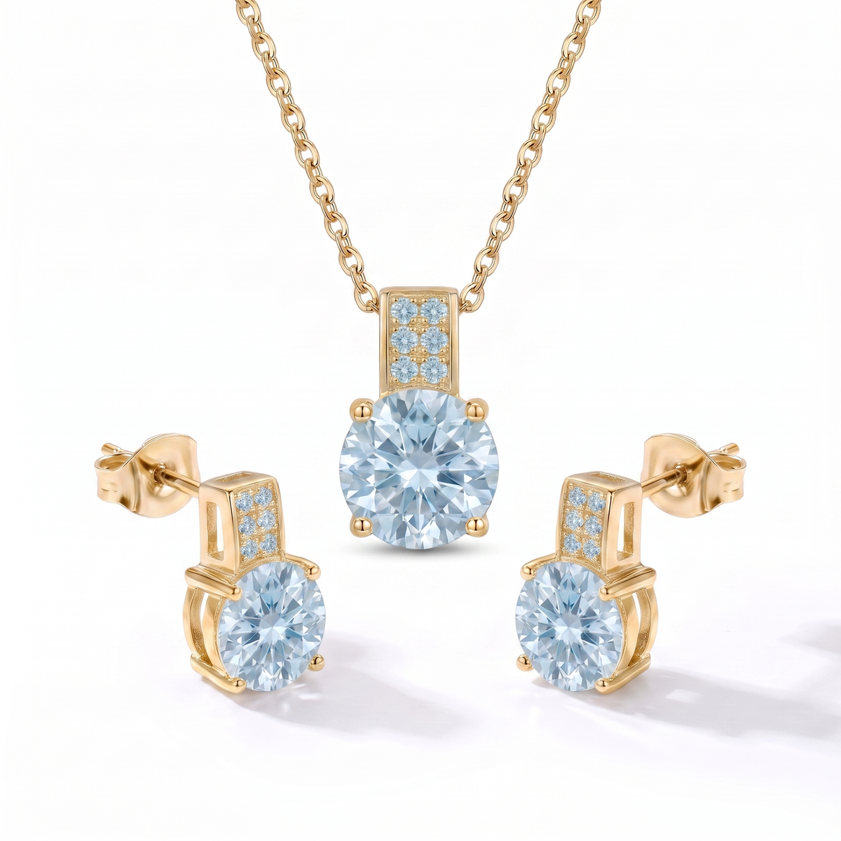Luxe Round Stone Necklace & Earrings Set - Gold Aquamarine