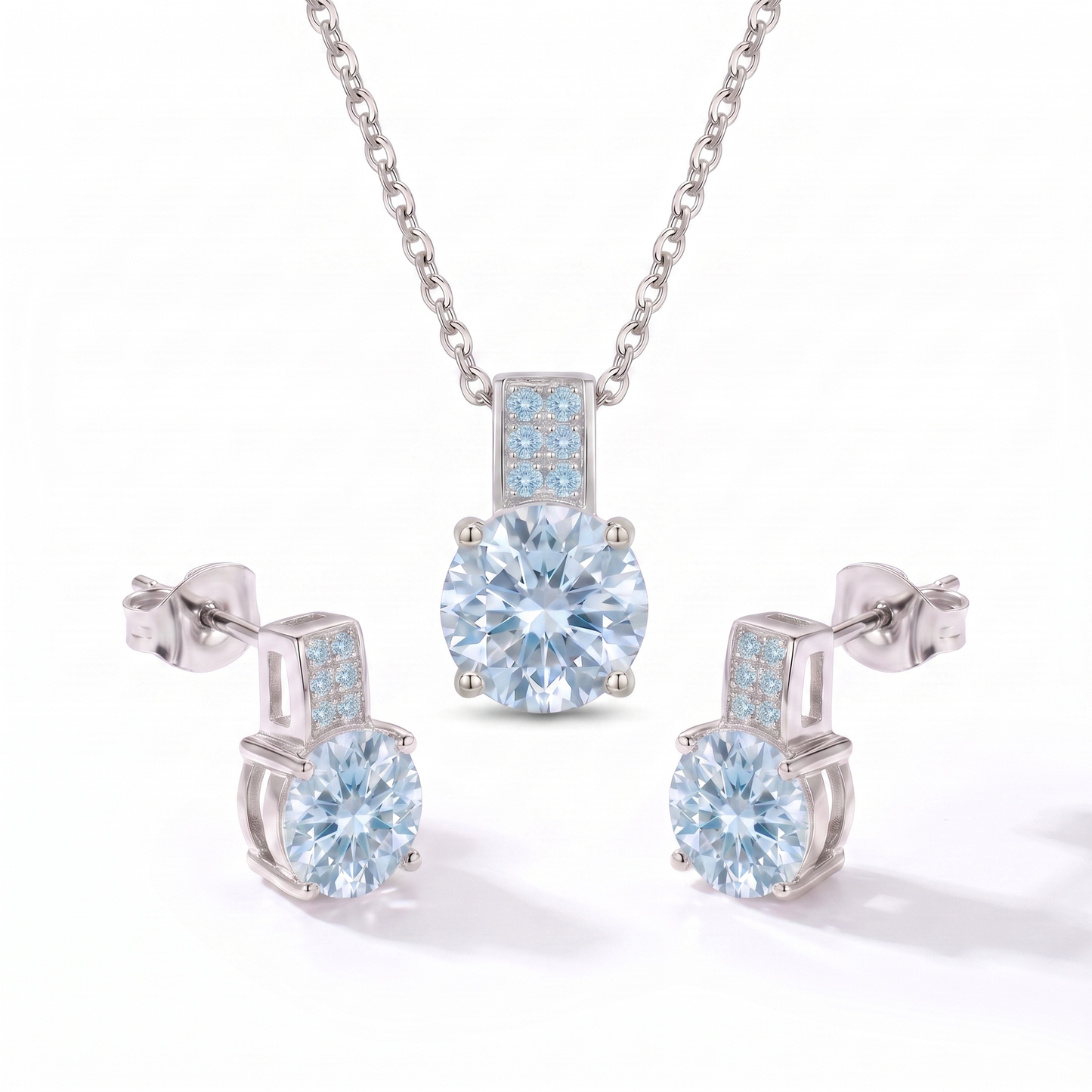 Luxe Round Stone Necklace & Earrings Set - Silver Aquamarine