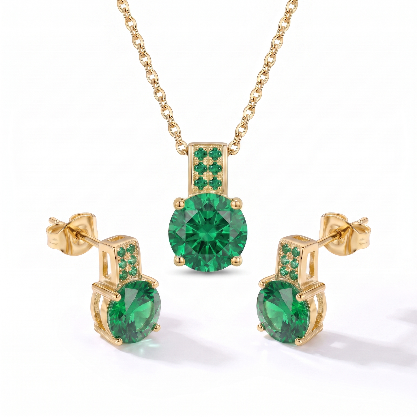 Luxe Round Stone Necklace & Earrings Set - Gold Emerald Green