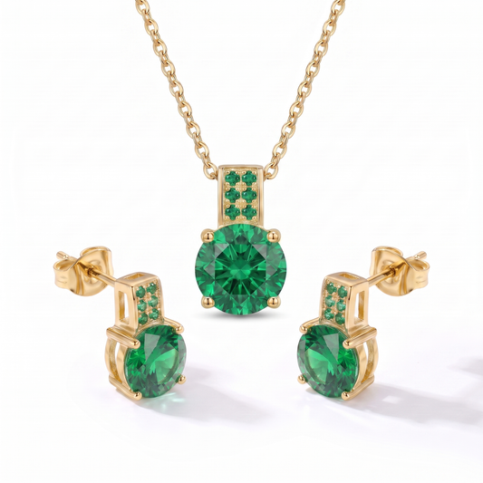 Luxe Round Stone Necklace & Earrings Set - Gold Emerald Green
