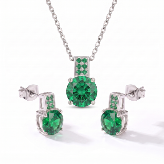 Luxe Round Stone Necklace & Earrings Set - Silver Emerald Green