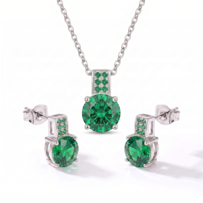 Luxe Round Stone Necklace & Earrings Set - Silver Emerald Green