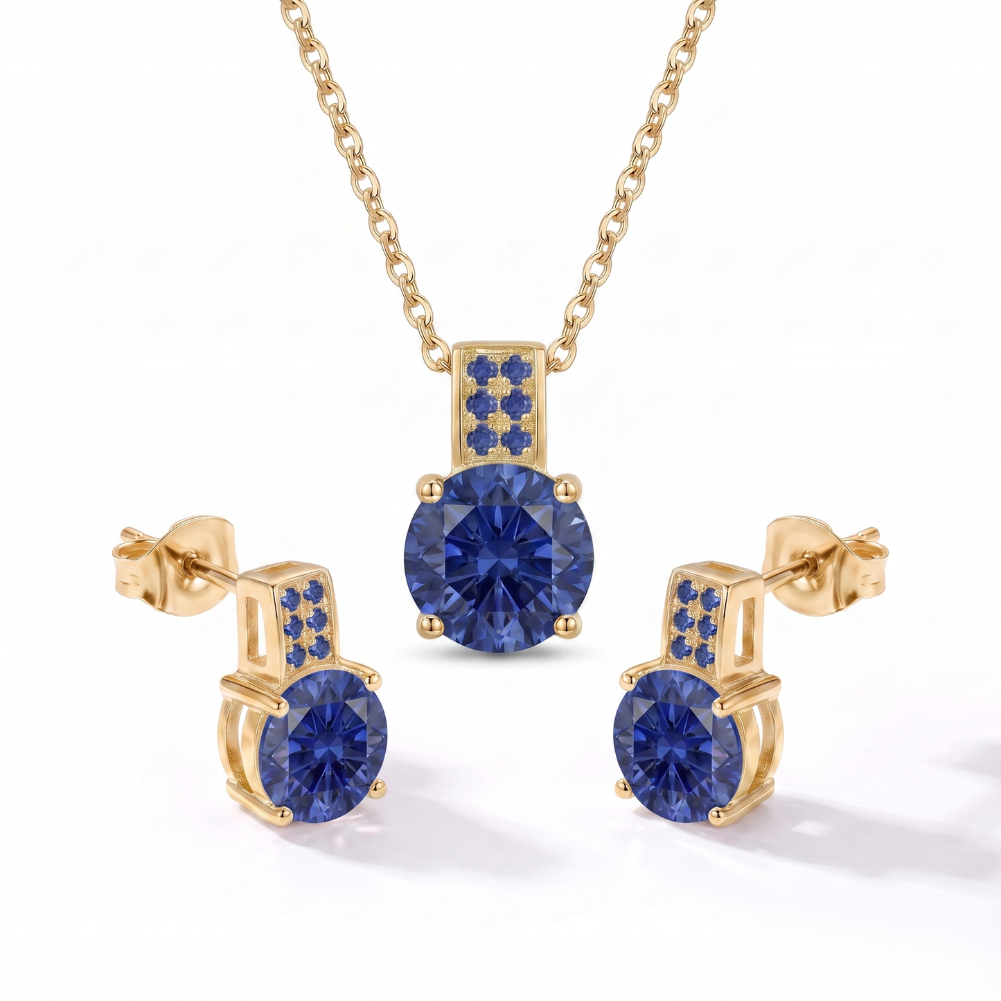 Luxe Round Stone Necklace & Earrings Set - Gold Sapphire Blue