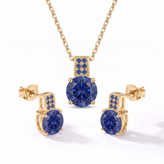 Luxe Round Stone Necklace & Earrings Set - Gold Sapphire Blue