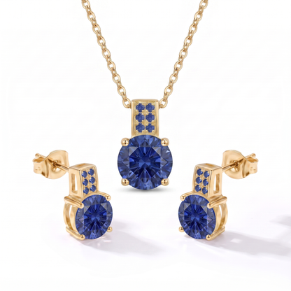 Luxe Round Stone Necklace & Earrings Set - Gold Sapphire Blue