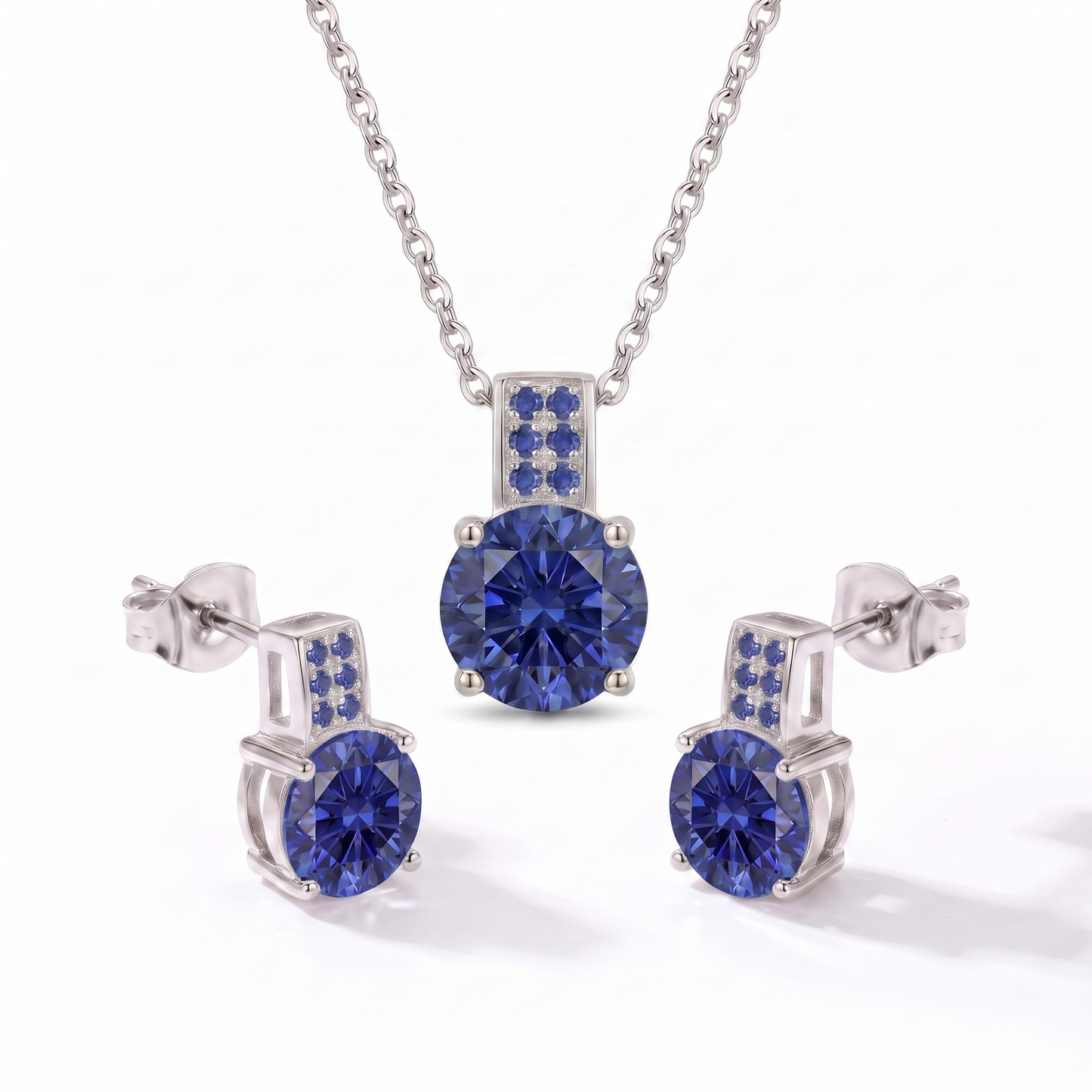 Luxe Round Stone Necklace & Earrings Set - Silver Sapphire Blue