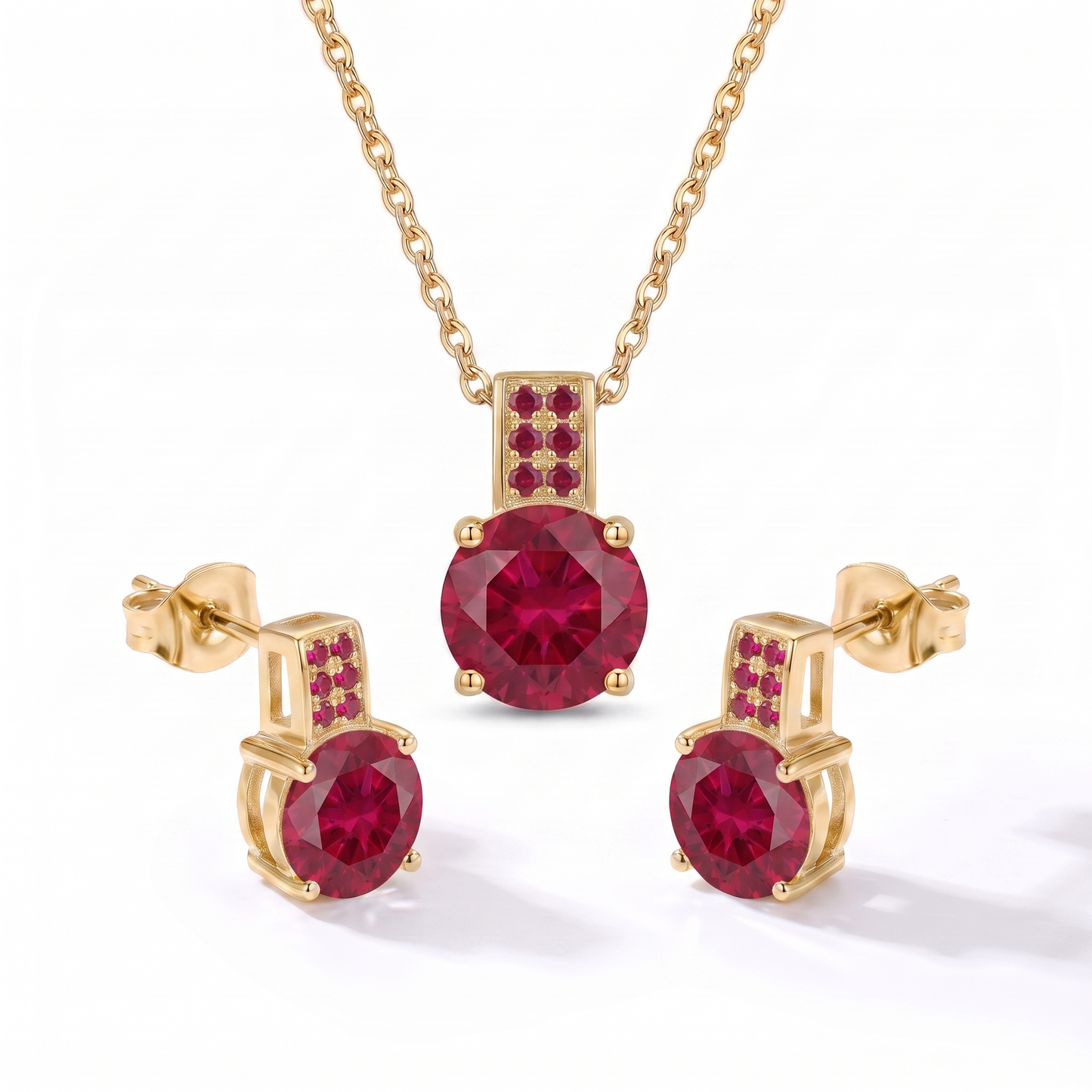 Luxe Round Stone Necklace & Earrings Set - Gold Ruby