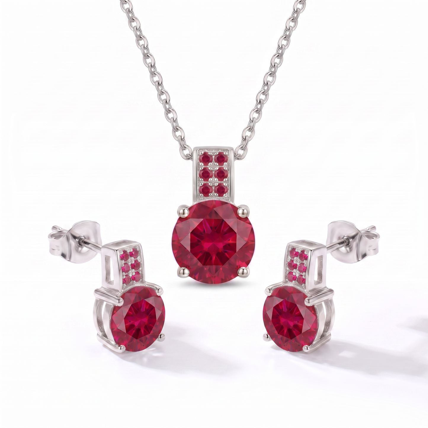 Luxe Round Stone Necklace & Earrings Set - Silver Ruby
