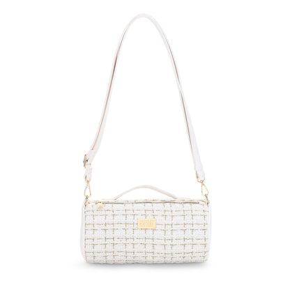 The Tara Tweed Barrel Bag - White