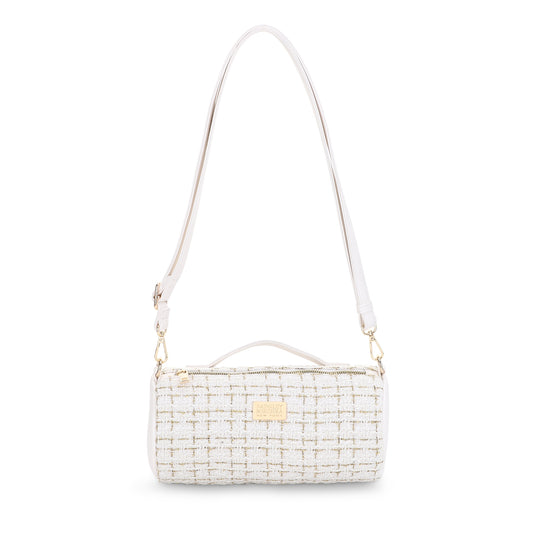 The Tara Tweed Barrel Bag - White