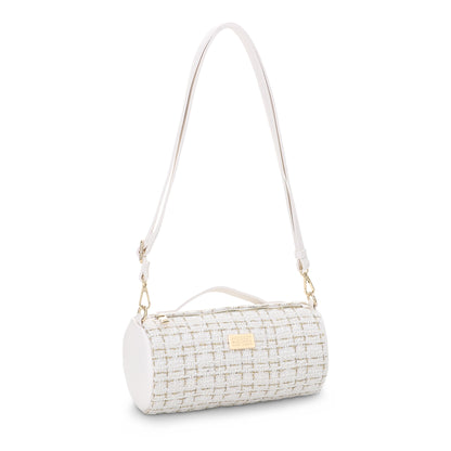 The Tara Tweed Barrel Bag - White