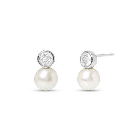 Classic Pearl Earrings w/ Bezel Stone