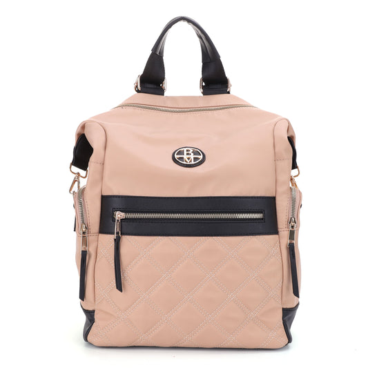 Nylon Double Diamond Quilted Backpack with Vegan Leather Trim