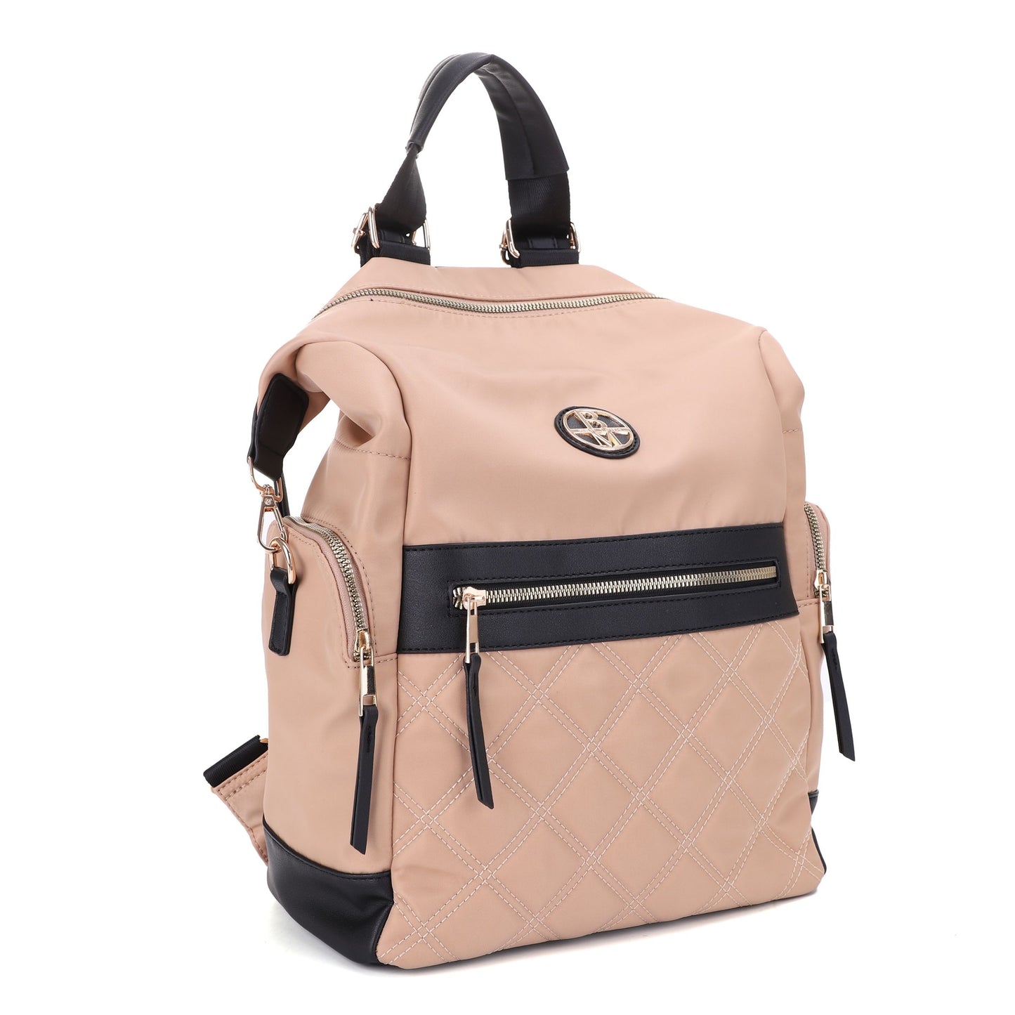 Nylon Double Diamond Quilted Backpack with Vegan Leather Trim