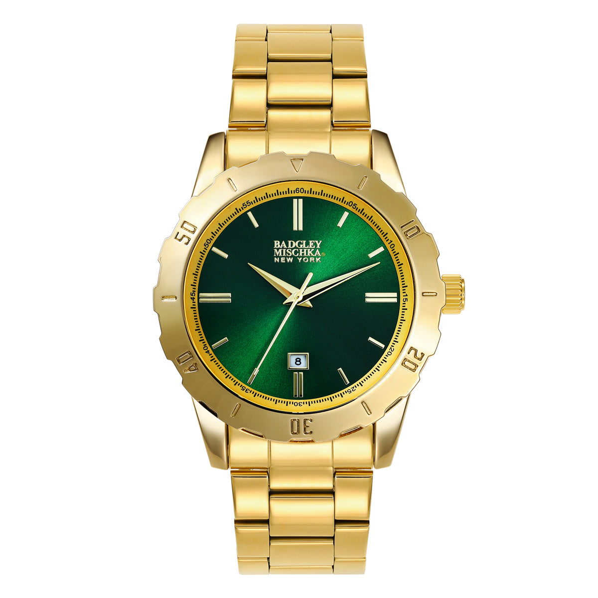 Men's Gold Round Watch with Emerald Dial, Stainless-Steel Wrapped Band