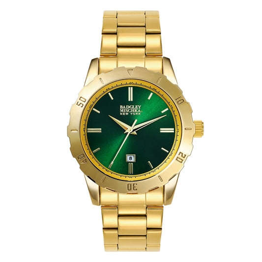 Men's Gold Round Watch with Emerald Dial, Stainless-Steel Wrapped Band