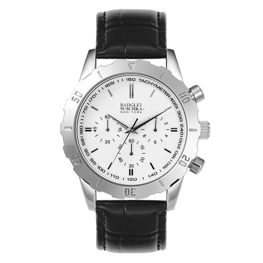 Men's Round Chronological Watch with Genuine Leather Strap