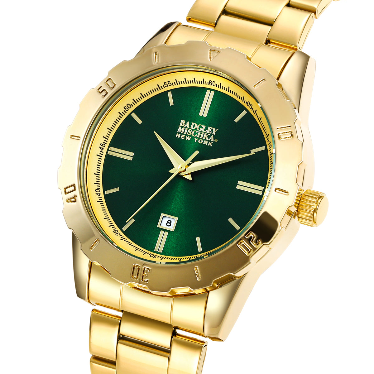 Men's Gold Round Watch with Emerald Dial, Stainless-Steel Wrapped Band