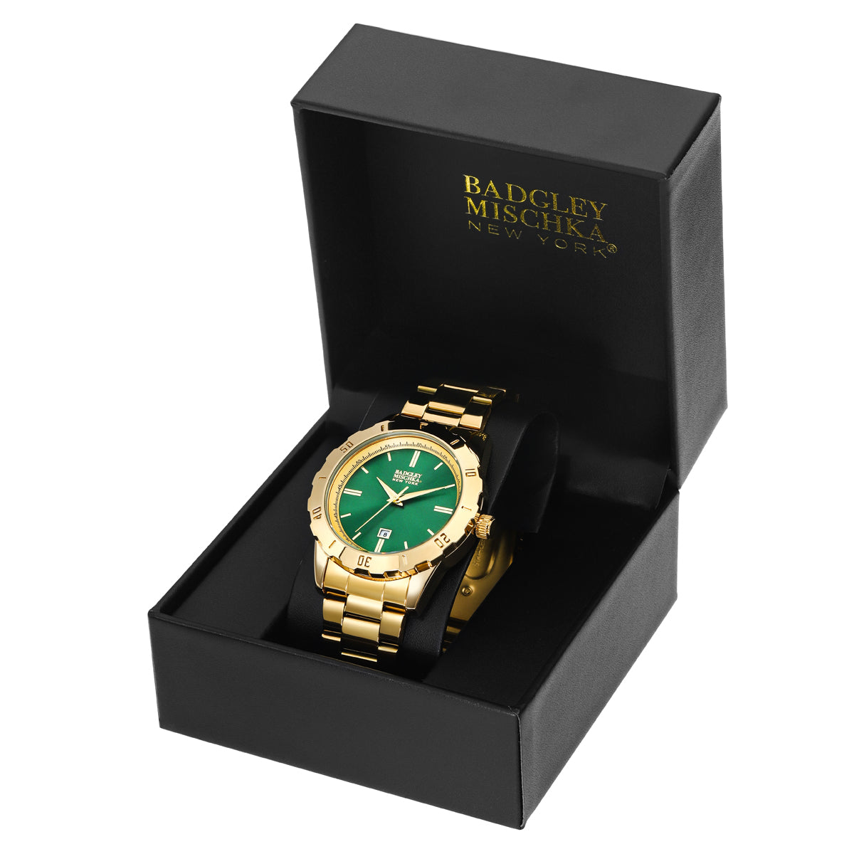 Men's Gold Round Watch with Emerald Dial, Stainless-Steel Wrapped Band