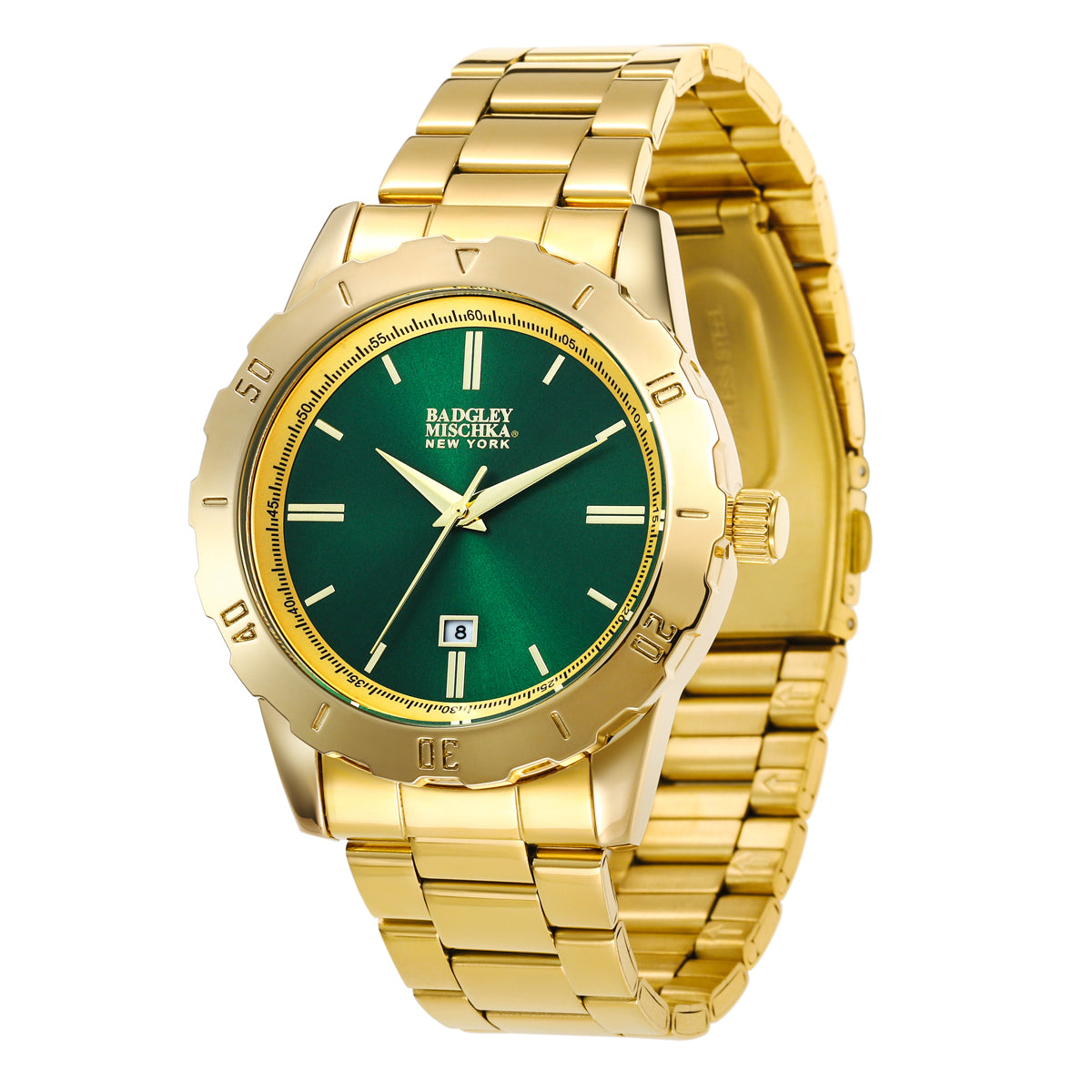 Men's Gold Round Watch with Emerald Dial, Stainless-Steel Wrapped Band