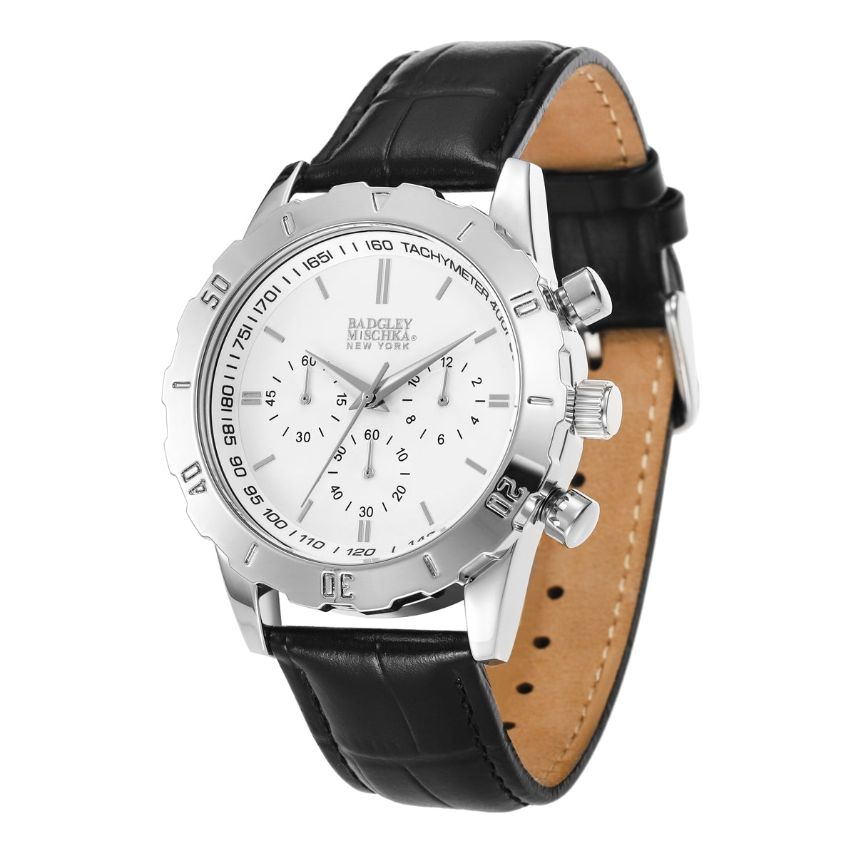 Men's Round Chronological Watch with Genuine Leather Strap