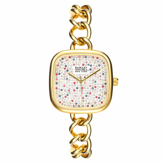 Women's Gold Square Watch with Multi-Color Pavel Dial and Link Band