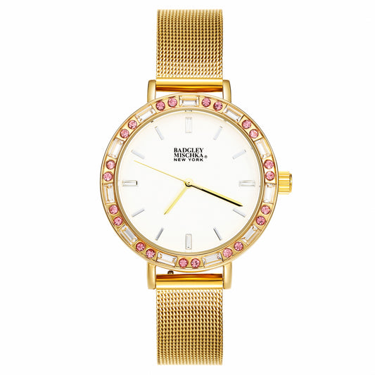 Women's Gold Round Watch with Multi-Color Bezel and Mesh Band