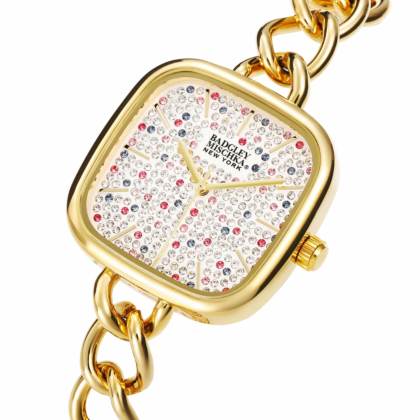 Women's Gold Square Watch with Multi-Color Pavel Dial and Link Band