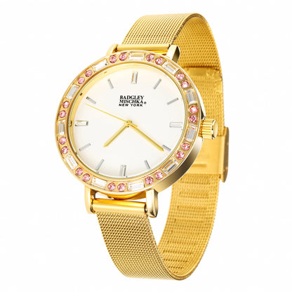 Women's Gold Round Watch with Multi-Color Bezel and Mesh Band