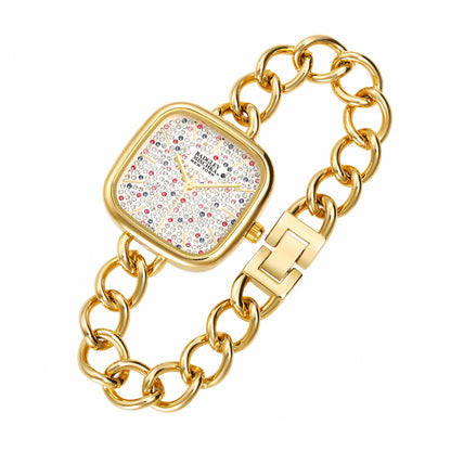 Women's Gold Square Watch with Multi-Color Pavel Dial and Link Band