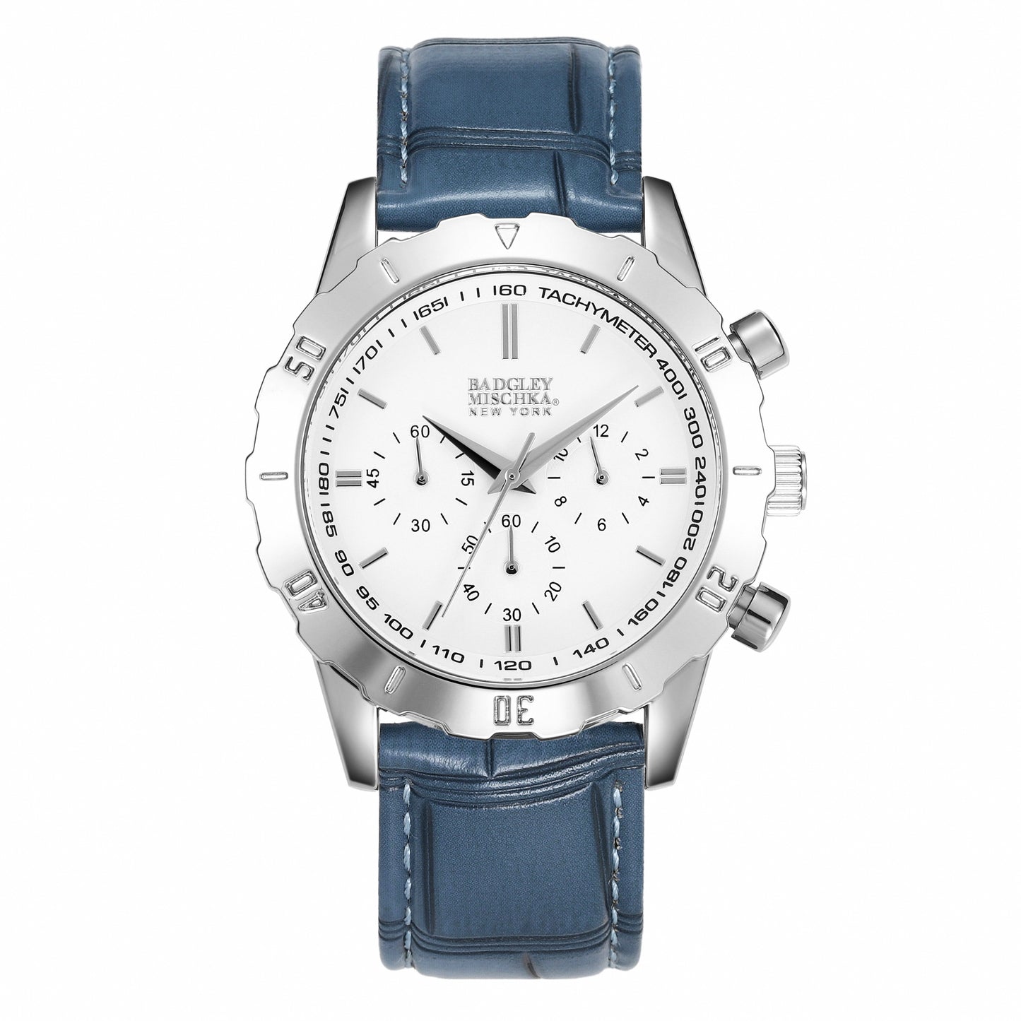 Men's Round Chronological Watch with Blue Croc Vegan Leather Strap