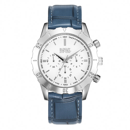 Men's Round Chronological Watch with Blue Croc Vegan Leather Strap
