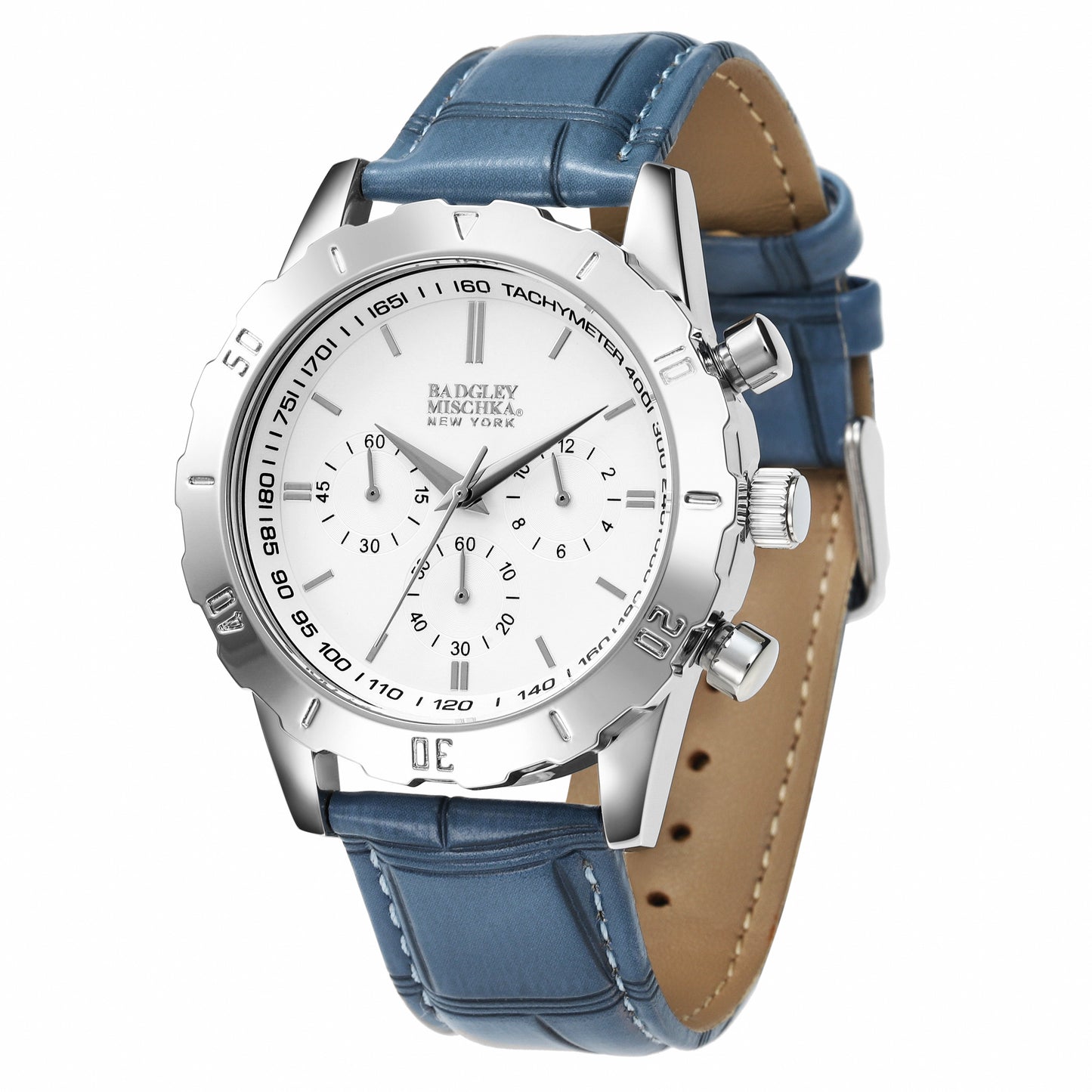 Men's Round Chronological Watch with Blue Croc Vegan Leather Strap