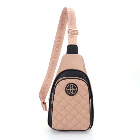 Nylon Double Diamond Quilted Sling Bag with Vegan Leather Trim