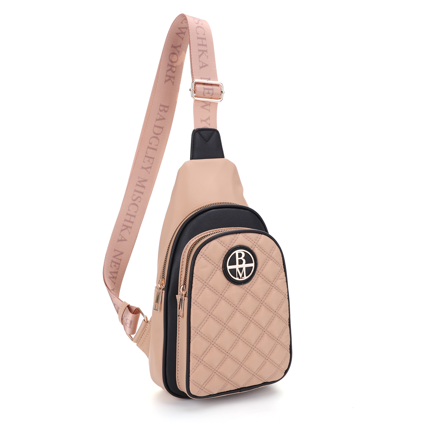 Nylon Double Diamond Quilted Sling Bag with Vegan Leather Trim