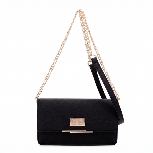 Louise Saffiano Clutch/Chain Shoulder Bag - Black, front